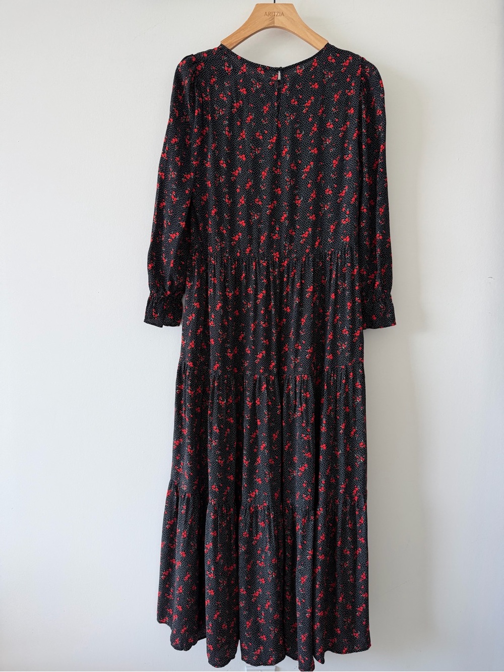 Zara Black Red Floral Polka Dot Maxi Dress Viscose Puff Sleeve Cottagecore S - Picture 9 of 12